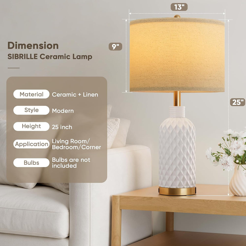 SIBRILLE 25" Ceramic Table Lamps Set of 2, White, USB-C/USB-A & AC O...