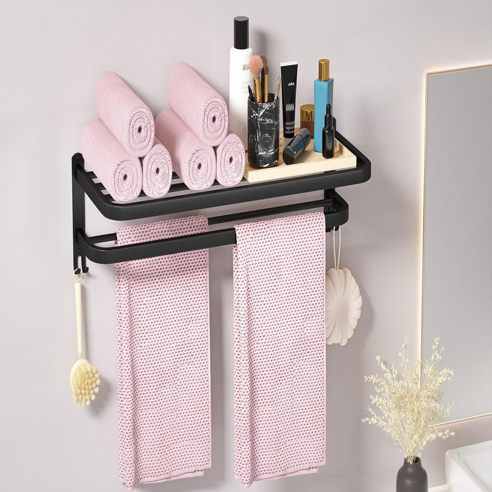 15 Inch Black Towel Racks for Bathroom Towel Shelf with Double Towel Bars Lav...