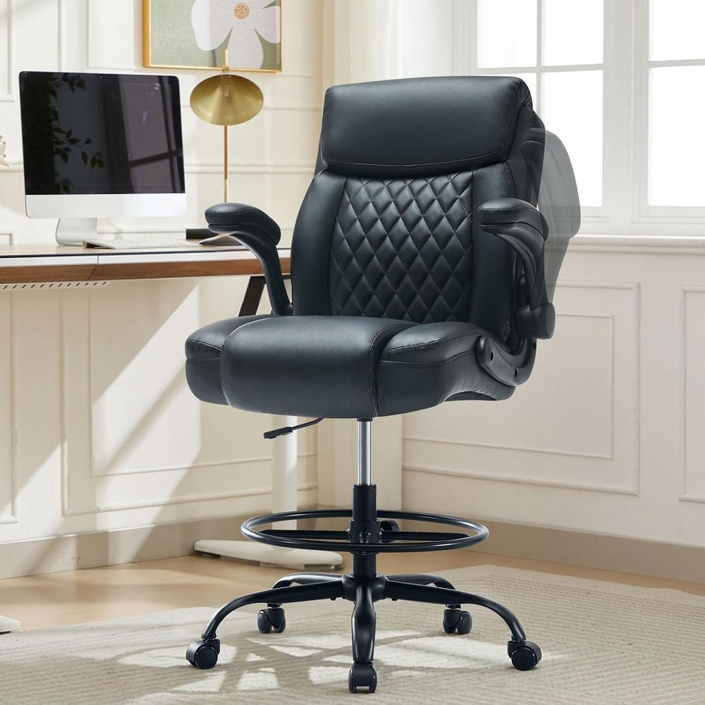 Leather Drafting Chair for Standing Desk, Tall Office Chair with Foot Ring