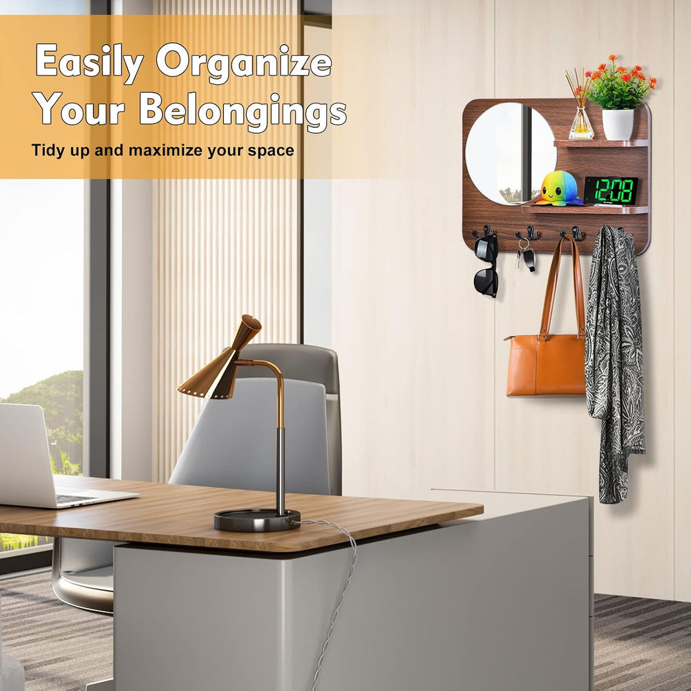 Coat Rack Wall Mount with Shelf & Mirror Decorative Entryway Hook