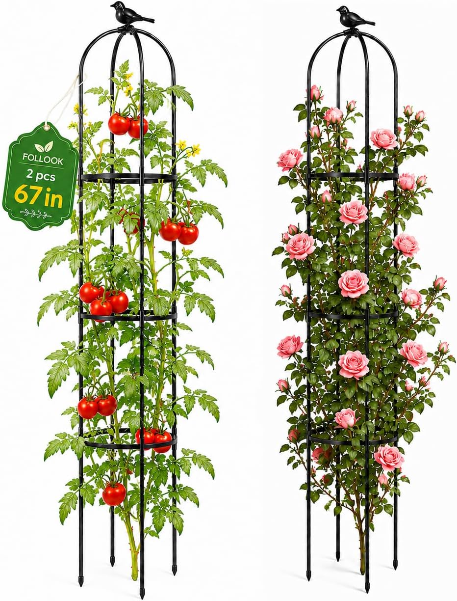 FOLLOOK Garden Obelisk Trellis for Climbing Plants Outdoor, 2 Pack
