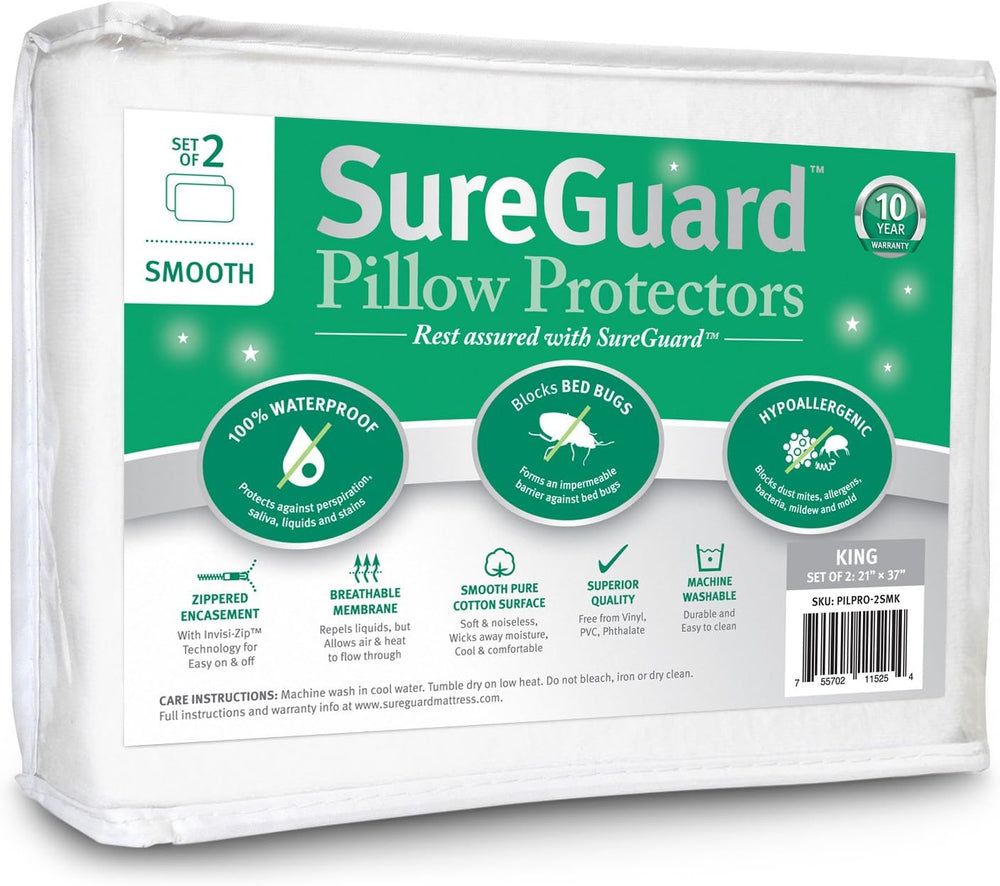 Set of 2 King Size SureGuard Pillow Protectors - 100% Waterproof, Bed Bug Pro...
