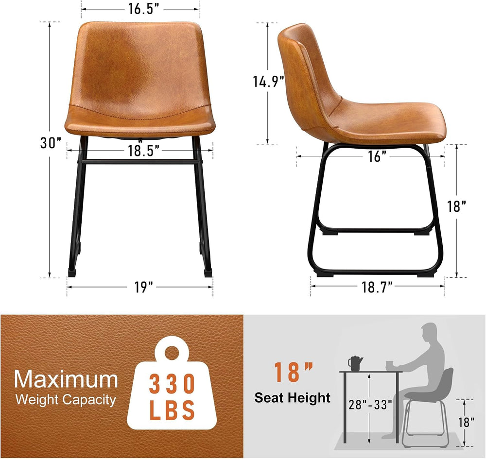 REONEY Dining Chairs Set of 2, 18" PU Leather Dinner Chairs, Brown
