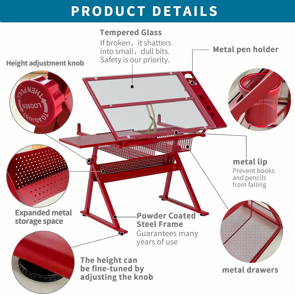Drafting Table for Artists, Glass Drawing Table with Stool, T1-Red