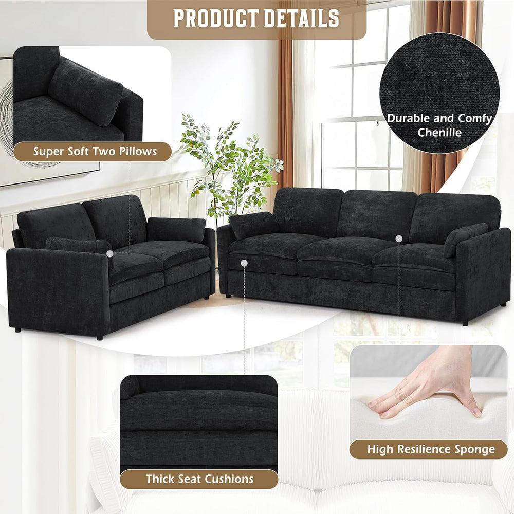 2 Pieces Chenille Upholstered Sofa Set w/Thicker Cushions, Black