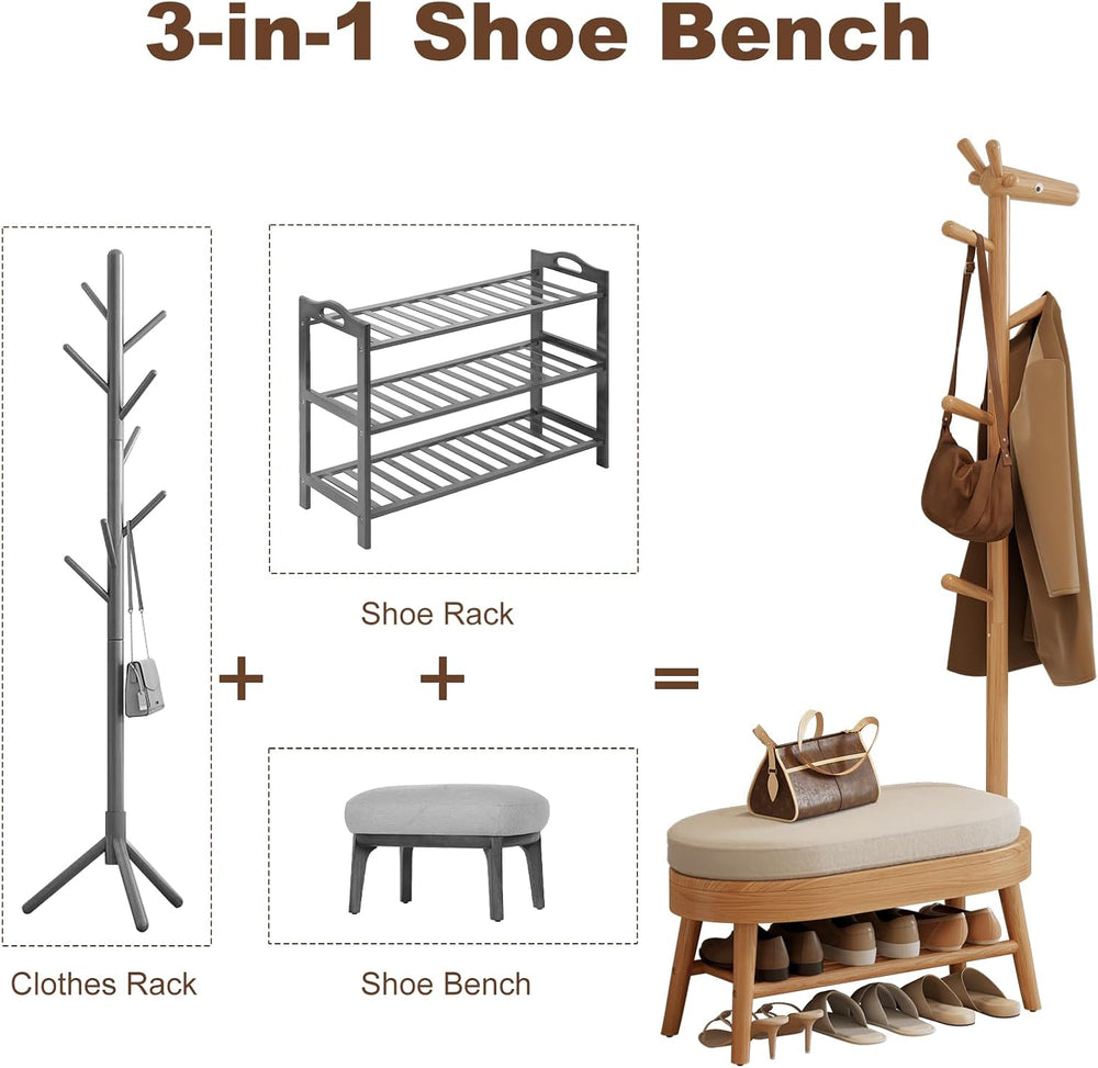 AQIMUELE Shoe Bench with Coat Rack, Shoe Rack with 9 Hooks, Natural