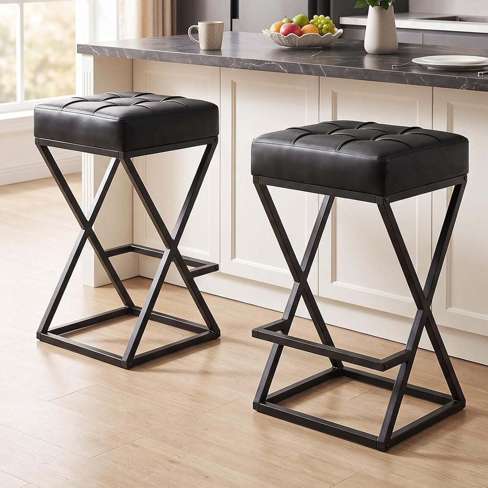 Bar Stools Set of 2, 26 Inch Counter Height Stool Faux Leather Black