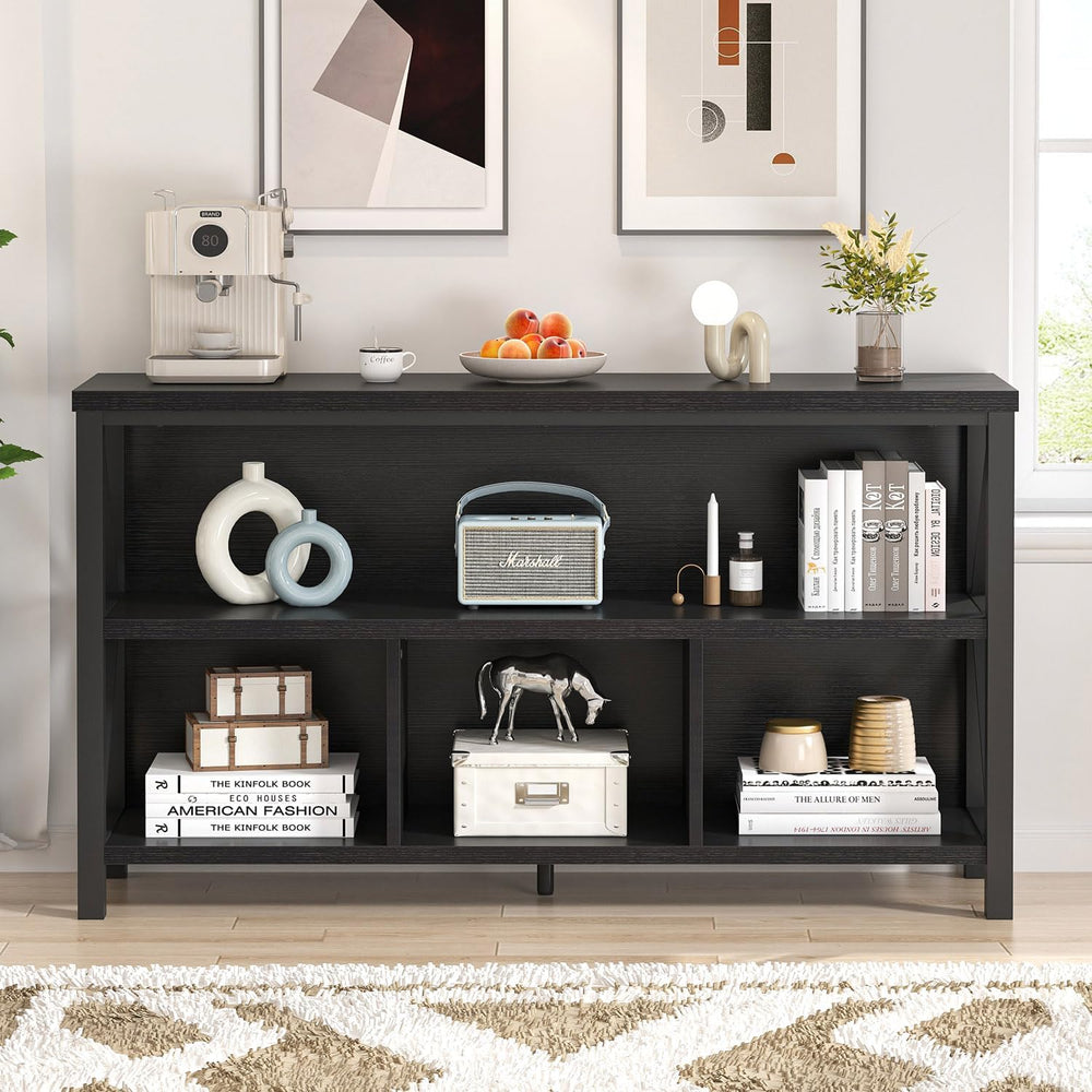 EXCEFUR Modern Black Horizontal Bookshelf, Industrial Wood & Metal Bookca...