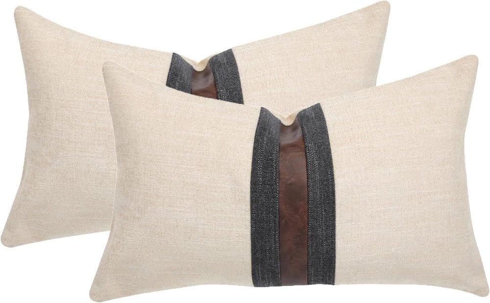 Set of 2 Leather Throw Pillow Covers Lumbar Cotton Linen Decor Patchwork Pill...
