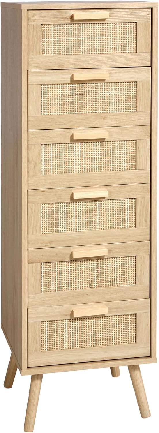 Finnhomy Rattan Dresser for Bedroom, Tall Dresser with 6 Hand Made Rattan Dec...
