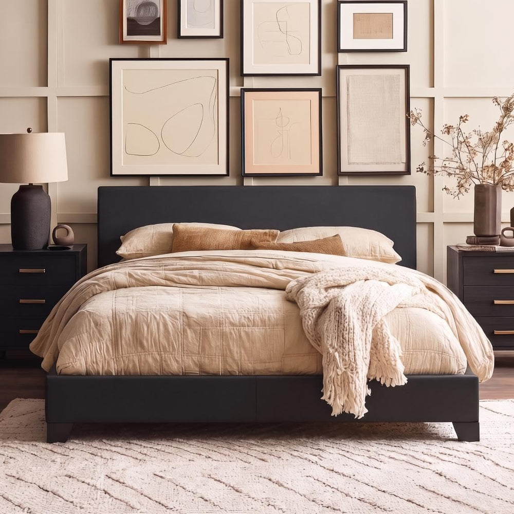 Allewie Queen Size Faux Leather Bed Frame, Adjustable Headboard, Black