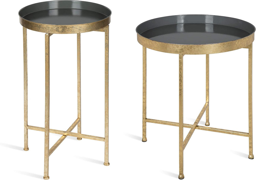 Kate and Laurel Celia Round Metal Foldable Tray Accent Table, Gray with Gold ...