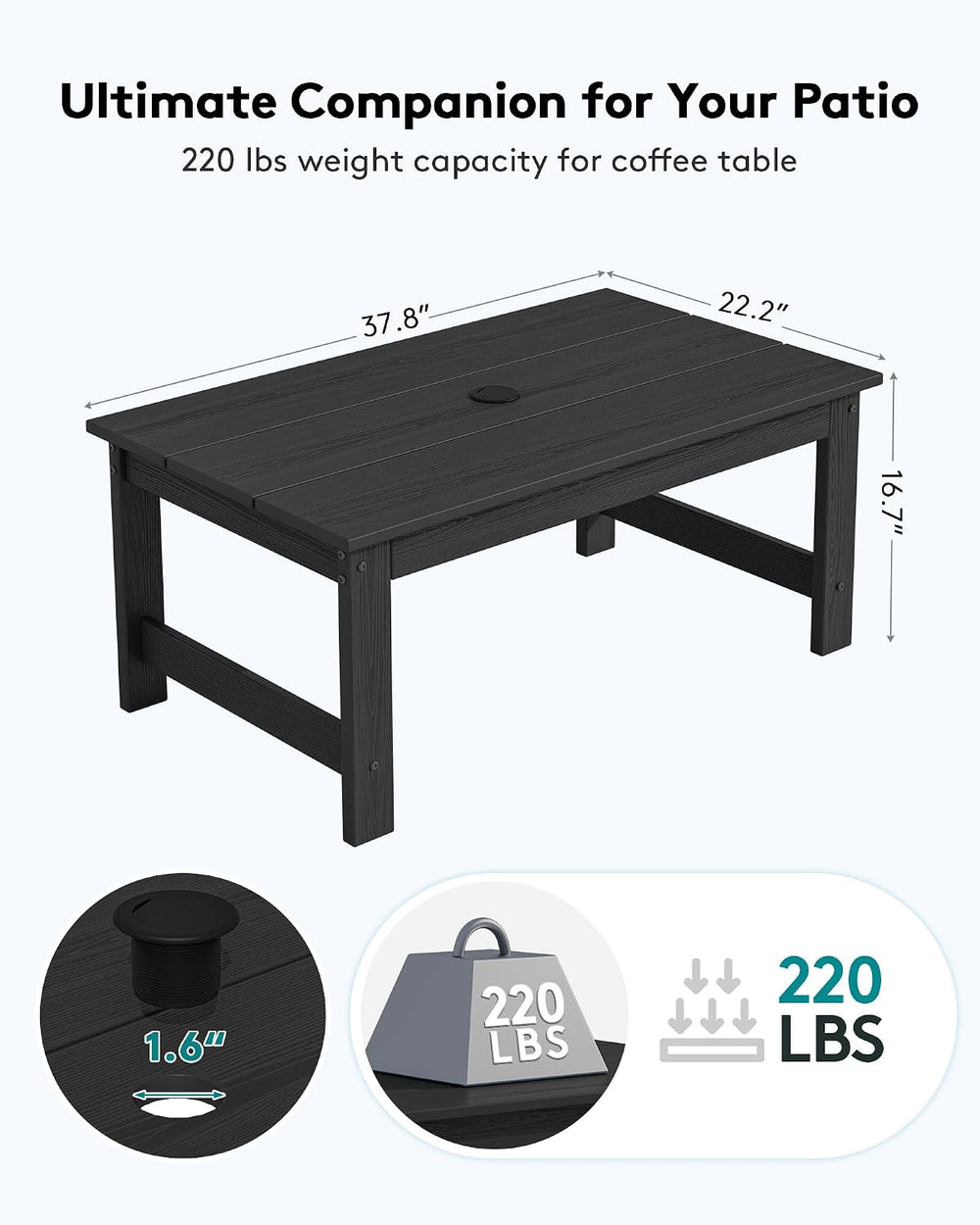 SERWALL HDPE Patio Coffee Table for Balcony, Deck, Black