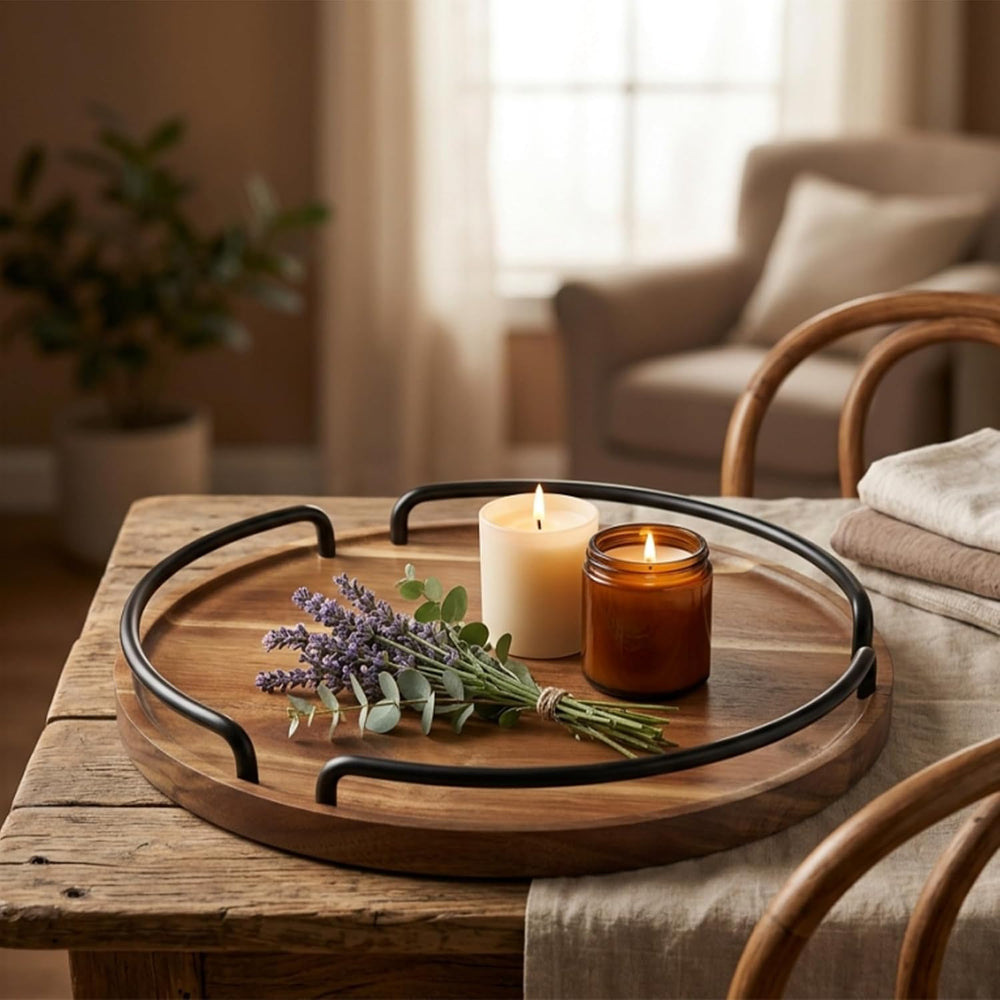 Round Wooden Serving Tray - Rustic Style Decorative Tray for Coffee Table, Li...