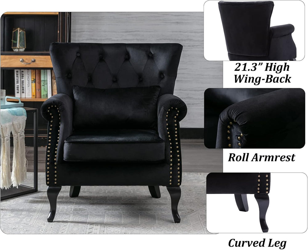 Mid Century Accent Chair Modern Button Tufted Armchair Club Chair Velvet Wing...