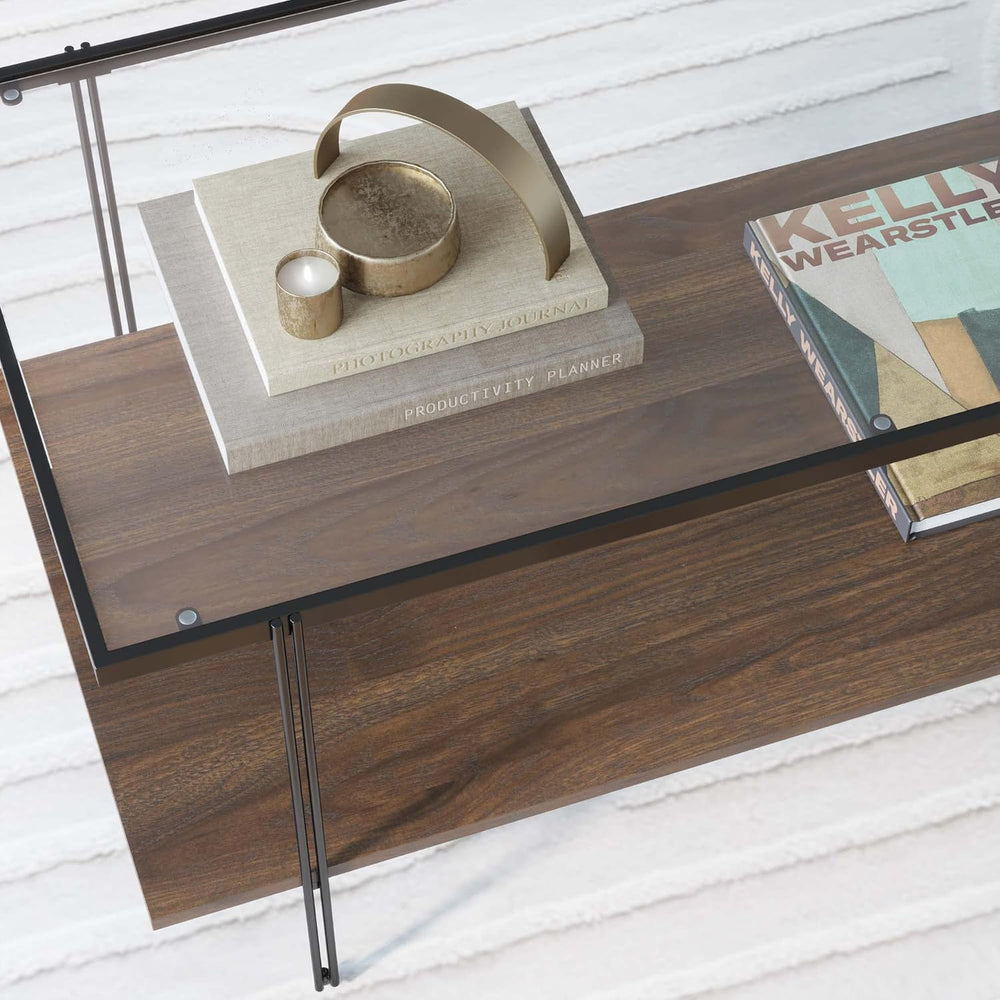 Nathan James Asher Mid-Century Rectangle Coffee Table Glass Top and Wood Fini...