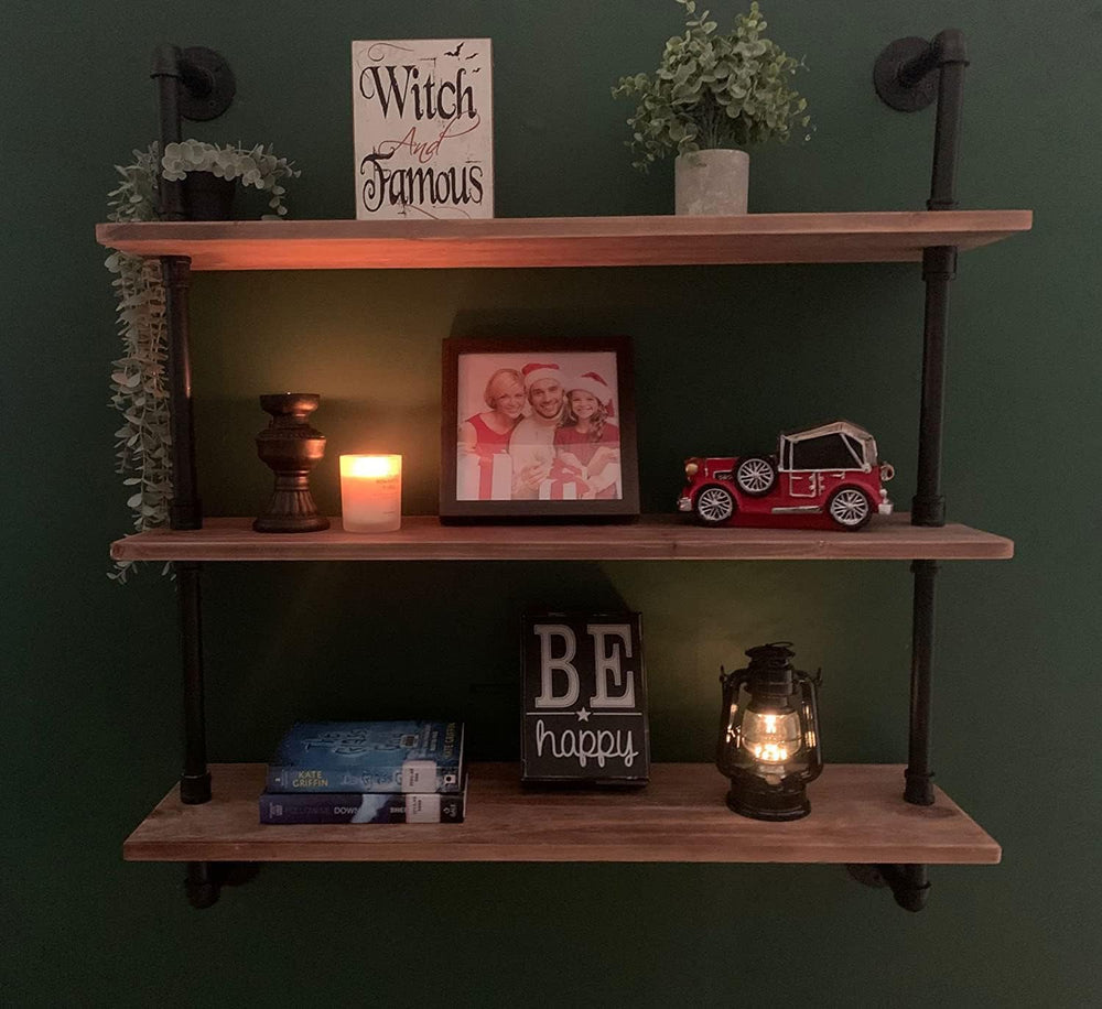 HDDFER Pipe Shelves Industrial Pipe Shelving Shelves Real Wood Industrial Flo...