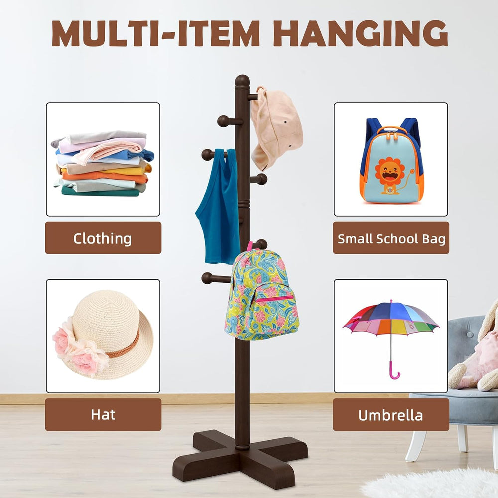 8-Hook Freestanding Wooden Coat Rack 2 Adjustable Heights Brown