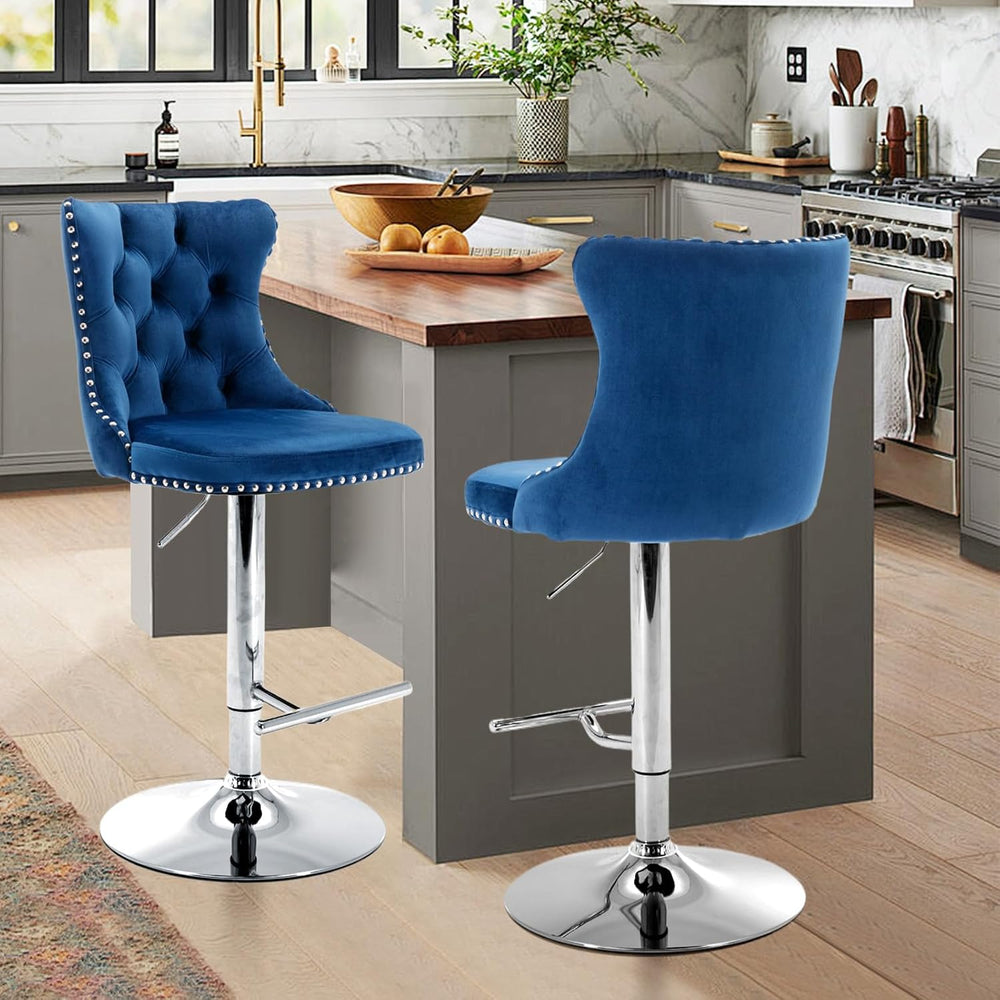 Velvet Bar Stool Set of 2, Adjustable Swivel Bar Stools with Silver Plated Me...