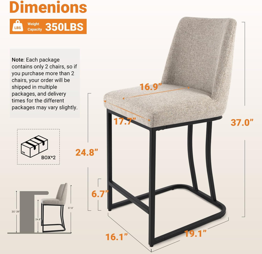 Counter Height Bar Stools Set of 2, 24 Inch Seat Height Bar Chairs for Kitche...