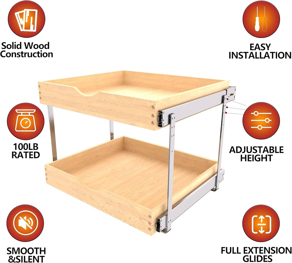 JOWBOOW 2 Tier Pull Out Cabinet Organizer 20"W x 22"D, Solid Wood