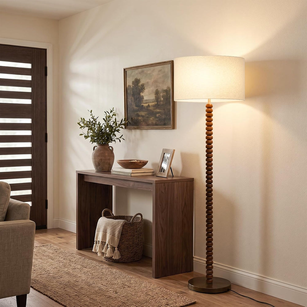 62" Farmhouse Stackable Ball Walnut Wood Floor Lamp with Linen Shade, Cream