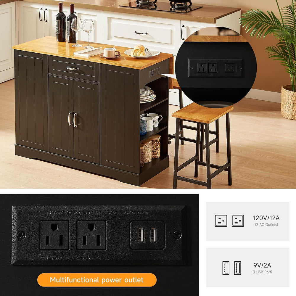 ONBRILL 47" Kitchen Island with Trash Can Storage, Include 2 Chairs, Black