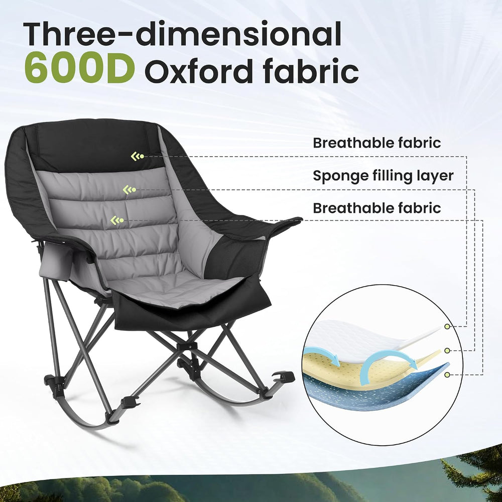 SUNW Oversized 400lbs Foldable Rocking Camping Chair with Cup Holder Side Poc...