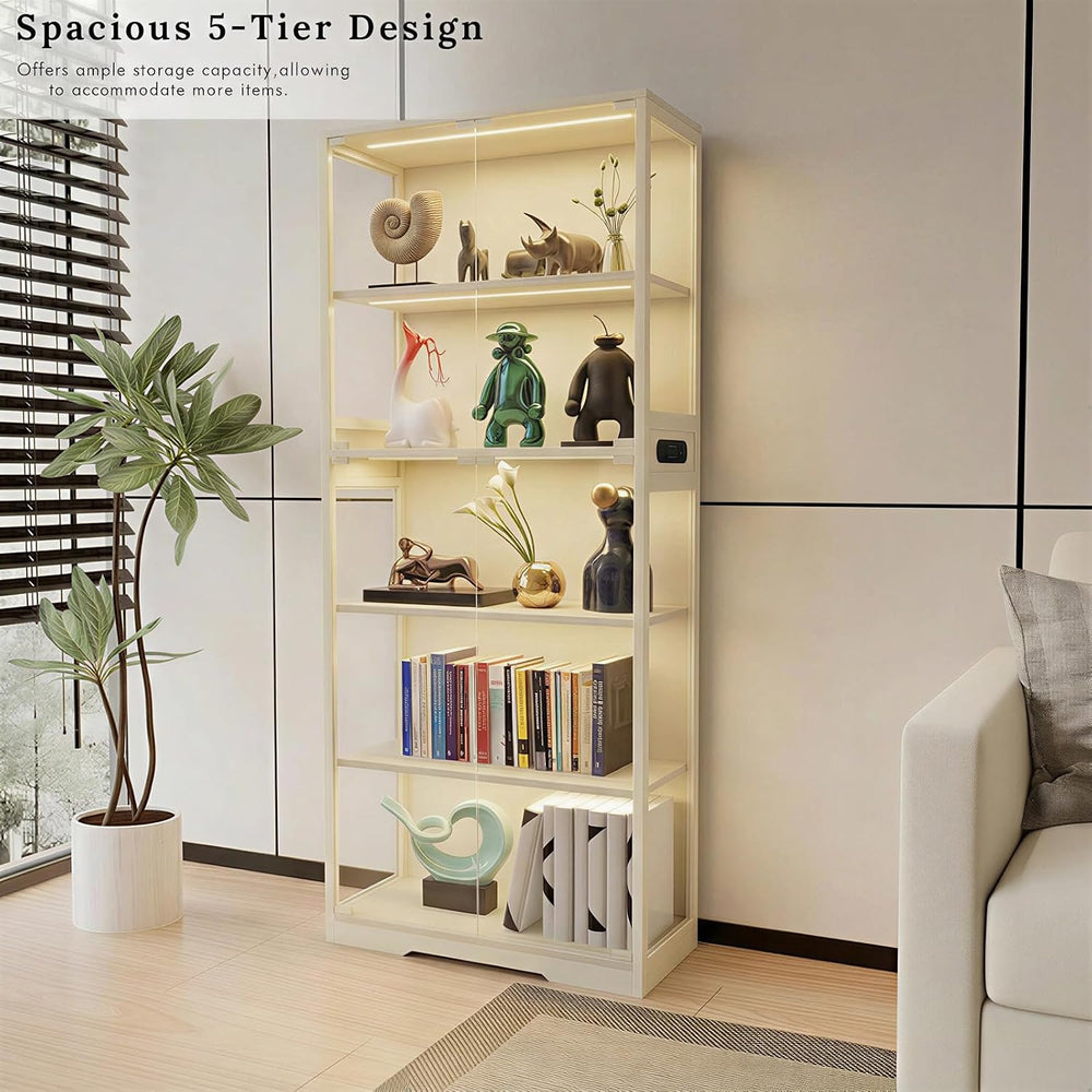 65" Display Cabinet with Glass Doors & LED Lights, Light Wood
