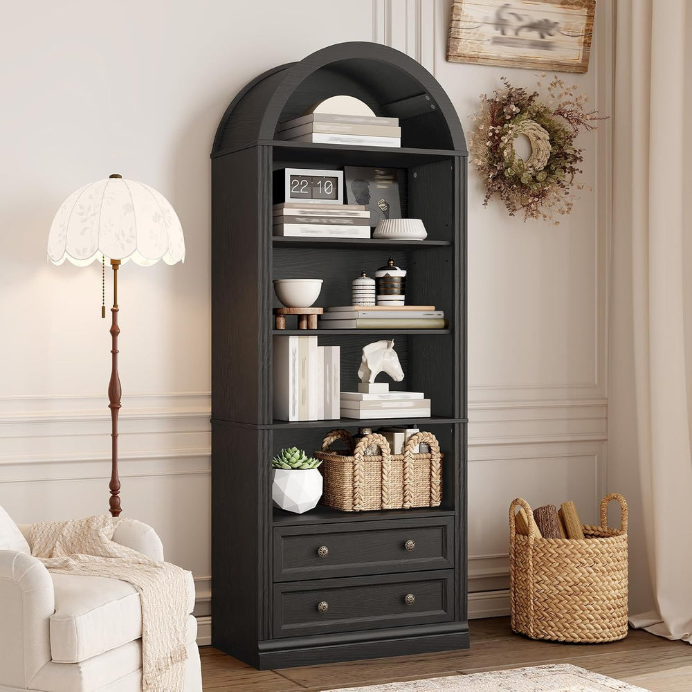 RALGEND Farmhouse Arched Bookshelf, 7 Tiers Arch Bookcase with 2 Drawers