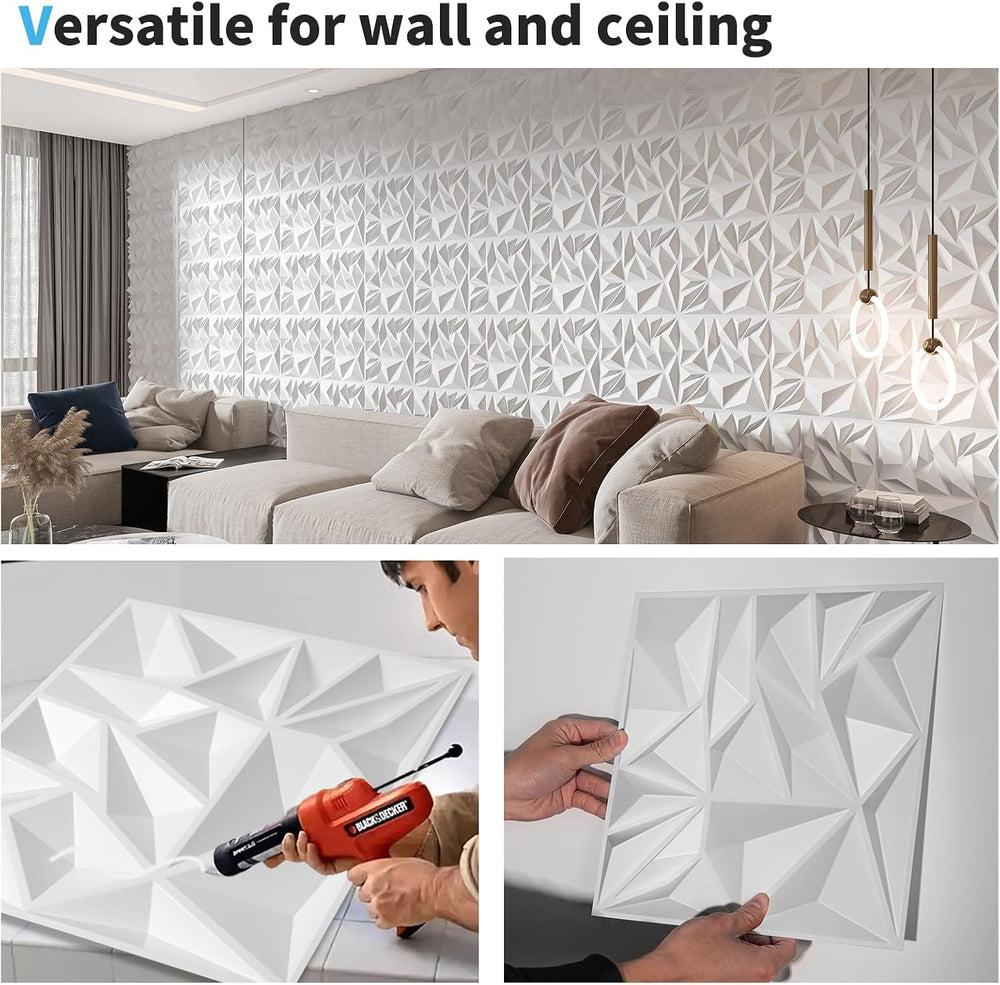 Art3d 33-Pack Modern Diamond Textured 3D Wall Panels, 12 x 12 in, White