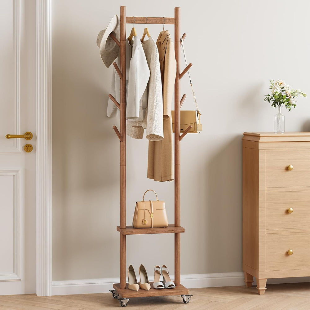 Yoobure Solid Wood Coat Rack Freestanding - Rolling Clothes Rack with 8 Hooks...