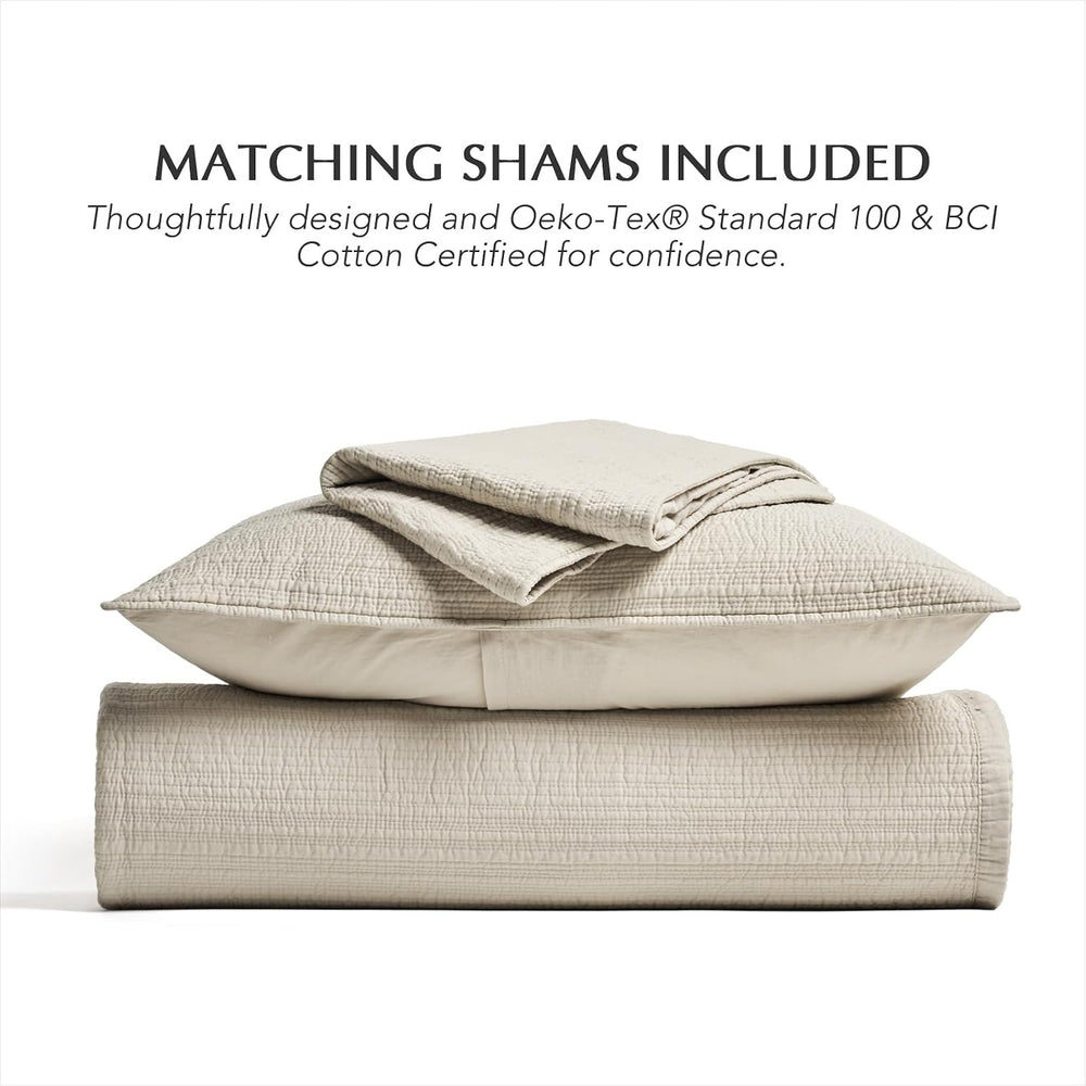 EVERGRACEHOME Cotton Sateen Channel Quilt Set, King Size, Parchment