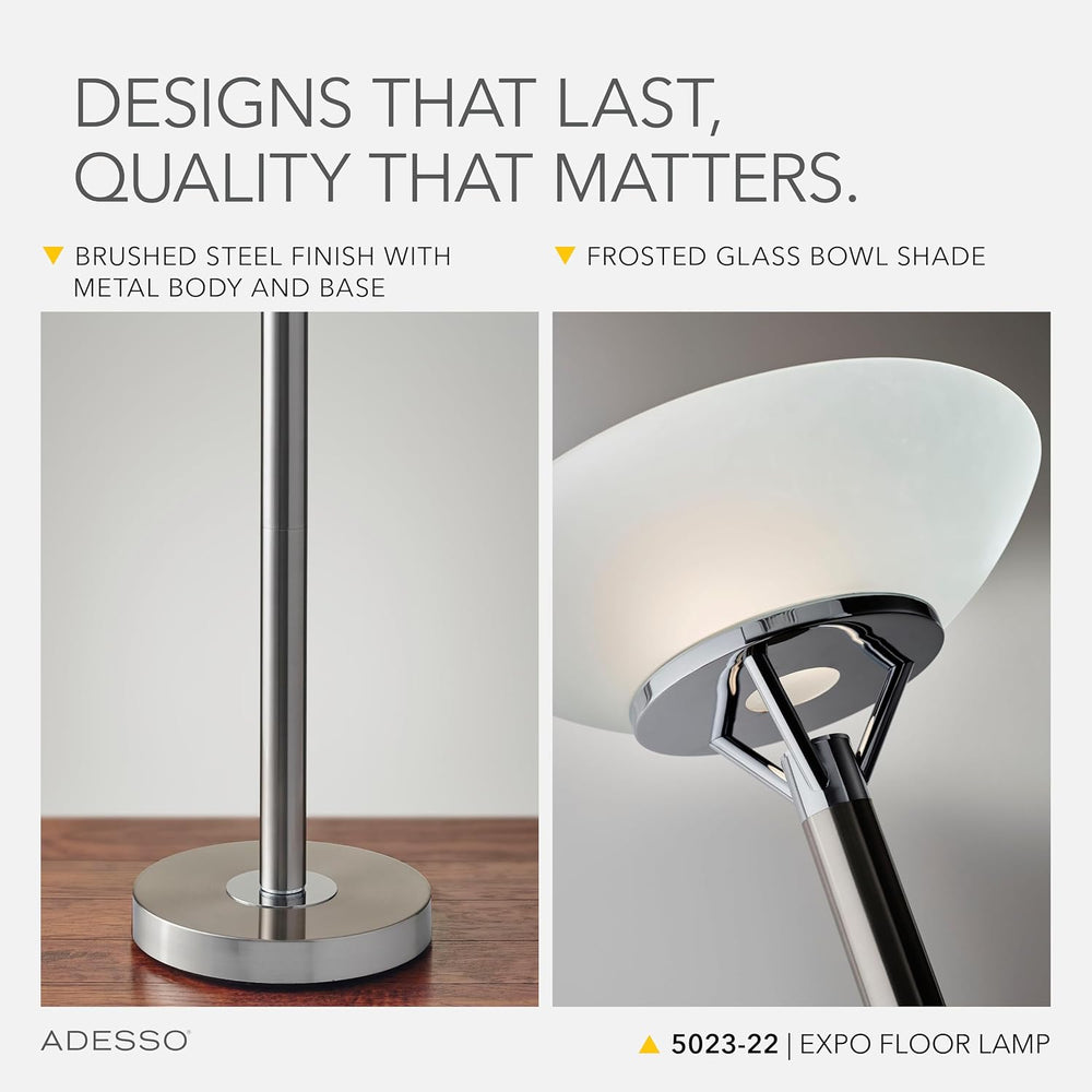 Adesso 2-Light Floor Lamp, Brushed Steel & Chrome, Dimmable, 71.5”
