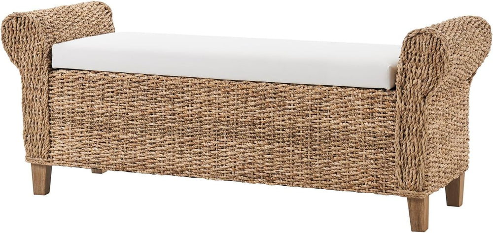 HULALA HOME 56" Rattan Storage Bedroom Bench with Rolled Armrests, Natural
