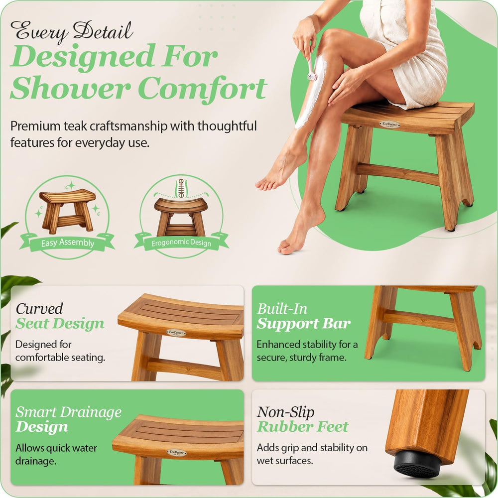 EcoDecors Serenity 24" Teak Shower Bench, Non-Slip Shower Stool