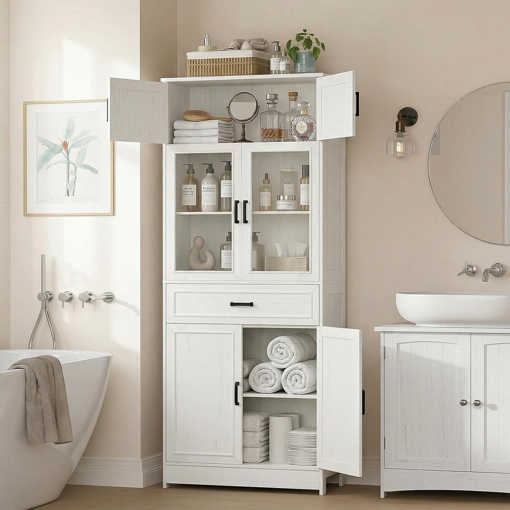 Unikito 80" Kitchen Pantry Cabinet with Glass Doors and Drawer Organizer