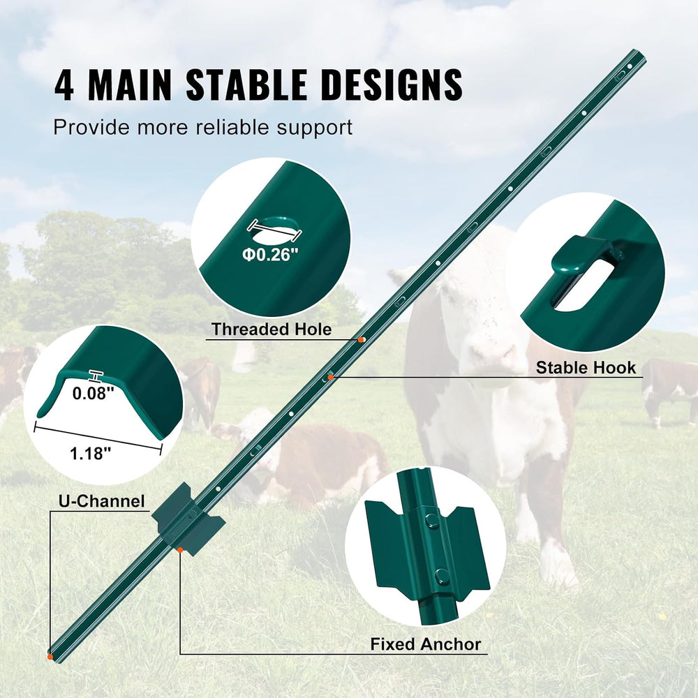 VEVOR 4 Feet U-Channel Metal Fence Post, 10 Pack with 20 Zip Ties & 20 Cl...