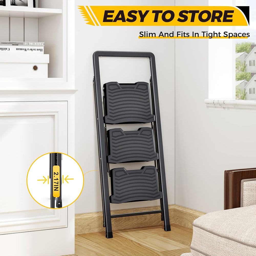 KINGRACK 3 Folding Step Ladder with Handrail, Steel Step Stool, Black