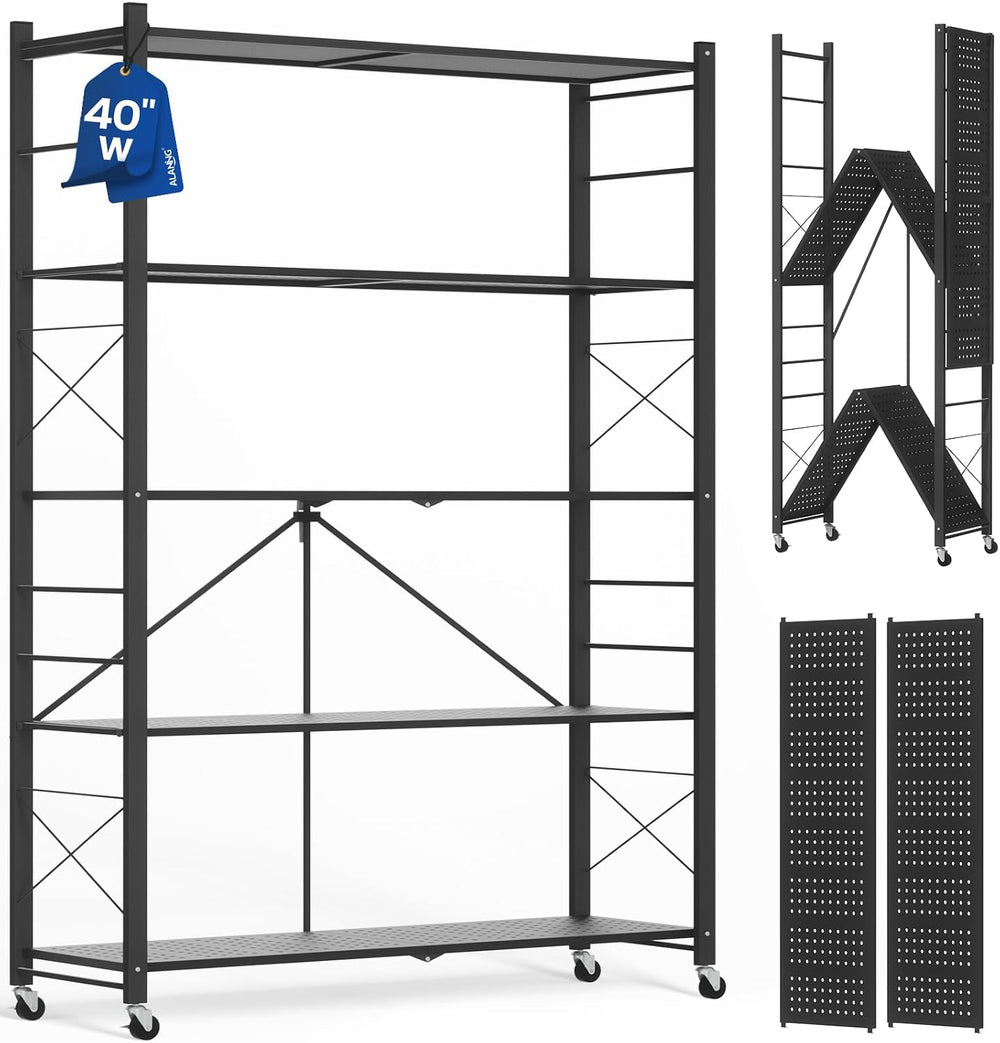 ALANNG 40" W Foldable 5-Tier Storage Shelves on Wheels Adjustable
