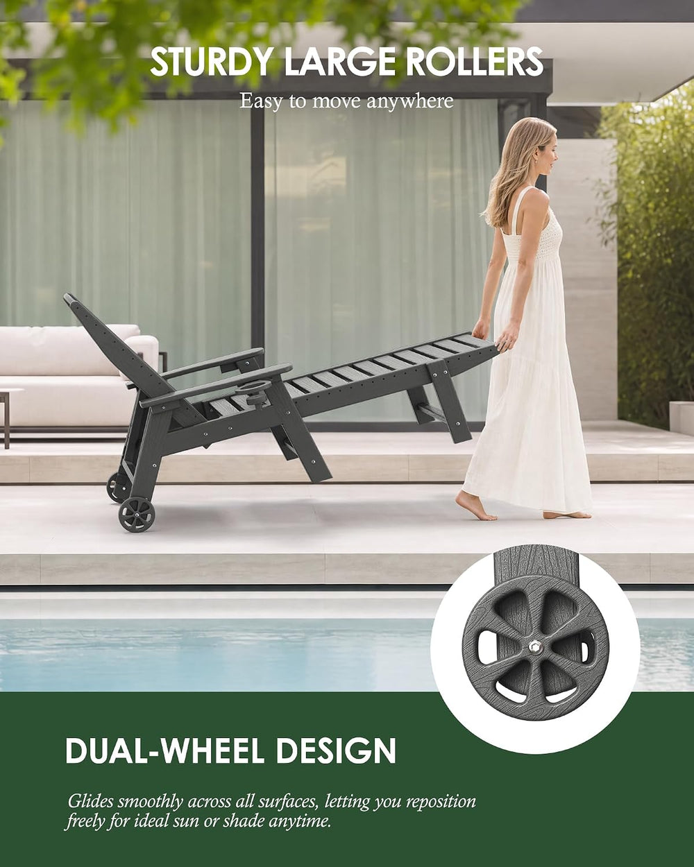 HDPE Outdoor Chaise Lounge Chair Set of 2, 77.8" Length,Dark Grey