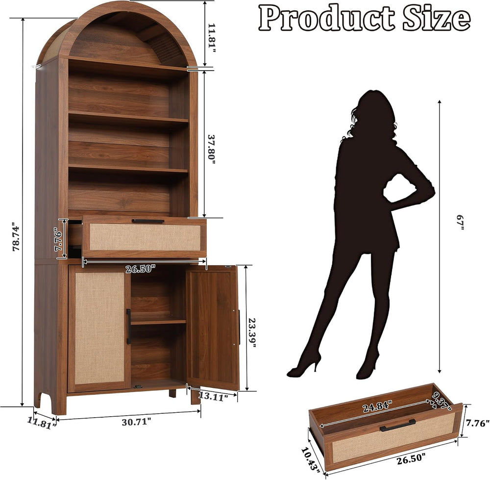 Janmer Home 79" Tall Arched Bookcase Cabinet with Doors, Walnut,Rattan