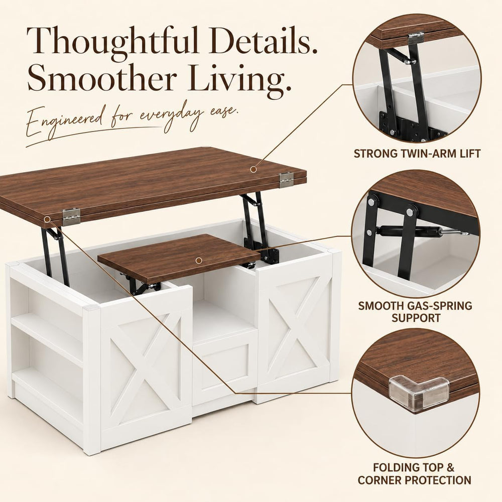 kepptory 40" Lift Top Coffee Table with Storage, Brown&White