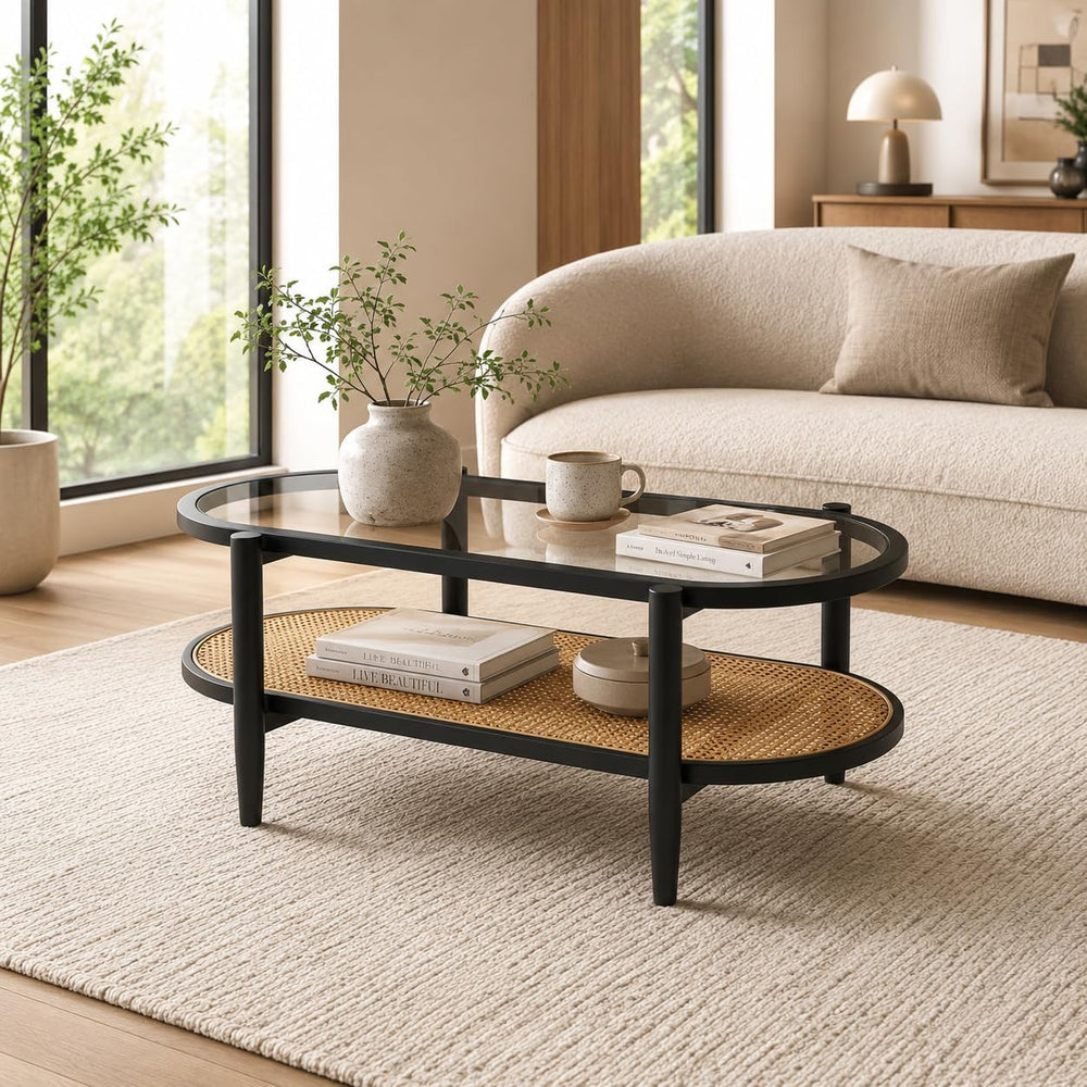 NAFORT Rattan Coffee Table, 2-Tier Oval Modern Center Table with Tempered Gla...