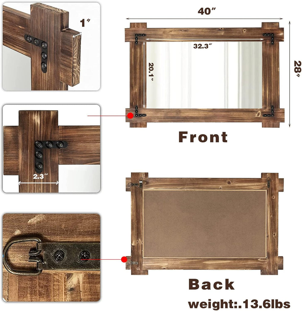 MeMoreCool Rustic Wood Wall Mirror 40x28 Inch, Farmhouse Bathroom Mirror