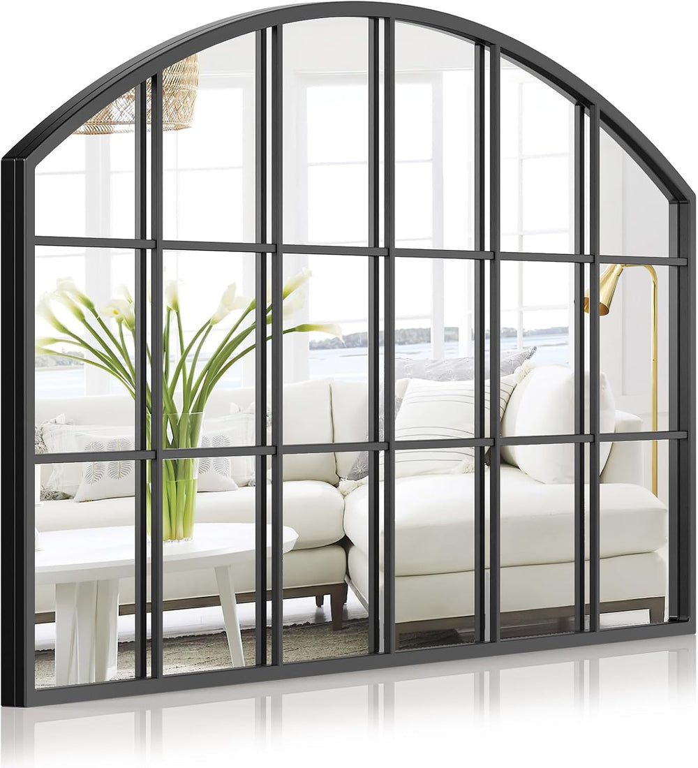 Wide Window Pane Mirror, 44" x 28" Black Arched Mirror for Wall