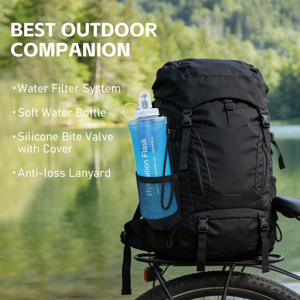 AXEN Collapsible Water Bottle with Filter for Hiking Travel, 500ml Blue