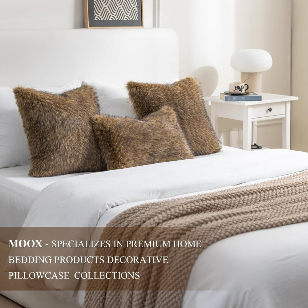 MOOX Faux Fur Pillow Covers 18x18 Inch Set of 2, Faux Raccoon Fur Textured De...