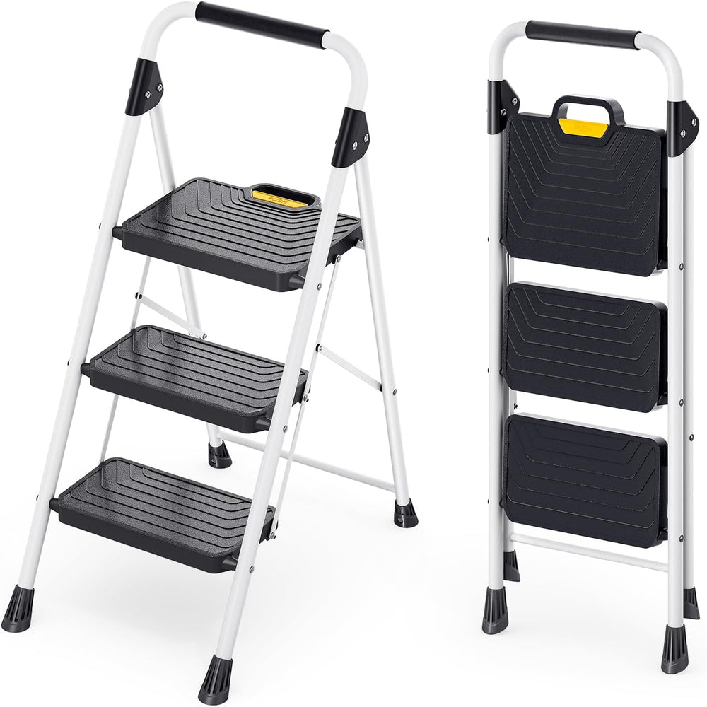 KINGRACK 3 Step Ladder, Folding Step Stool for Home and Kitchen, White