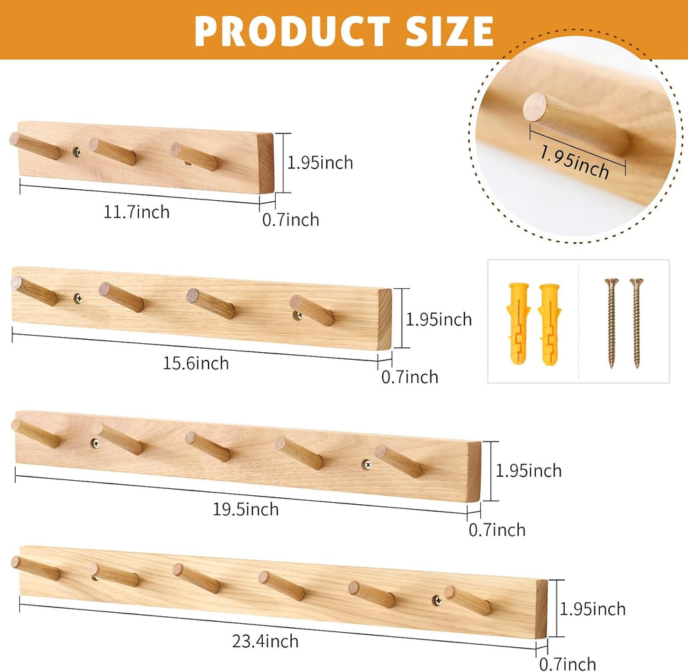Wall Mounted Coat Rack 24 inches, Hickory Wood Wall Coat Hooks with 6 Hooks, ...